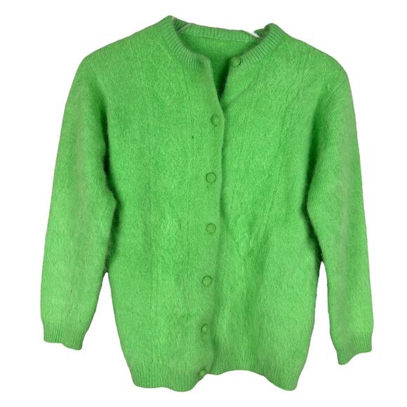 Vintage 60s Green Long Sleeve Button Front Collared Mohair Blend Cardigan XS - Picture 1 of 5